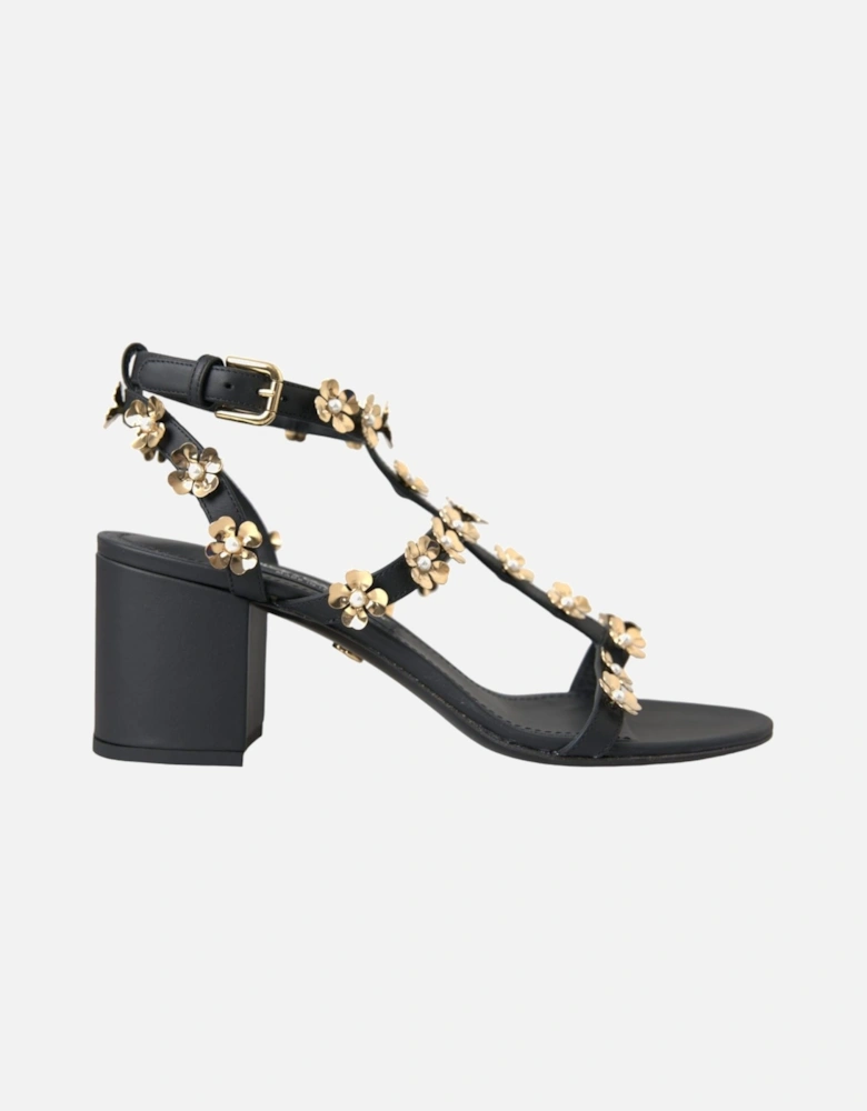 Black Leather Embellished Heel Sandal Shoes Women