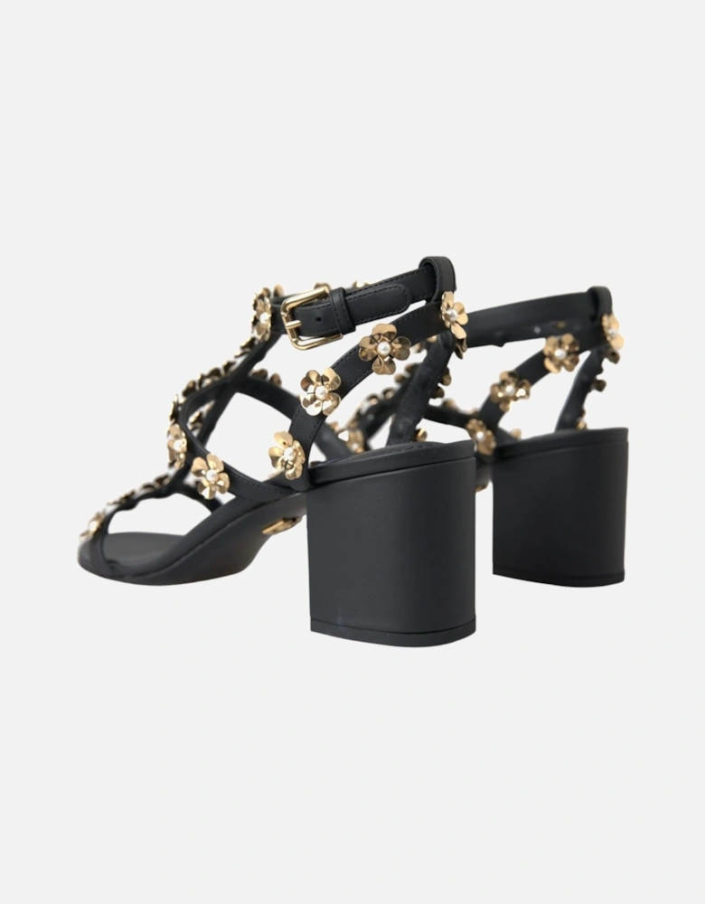 Black Leather Embellished Heel Sandal Shoes Women