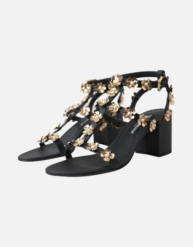 Black Leather Embellished Heel Sandal Shoes Women