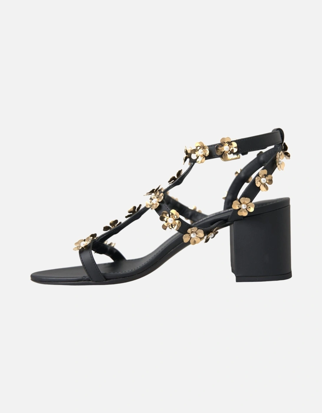 Black Leather Embellished Heel Sandal Shoes Women