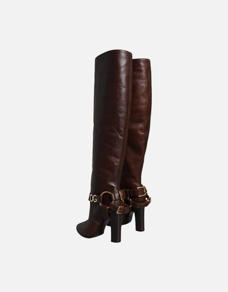 Gold-Tone Logo Strap Knee High Leather Boots Women - Brown