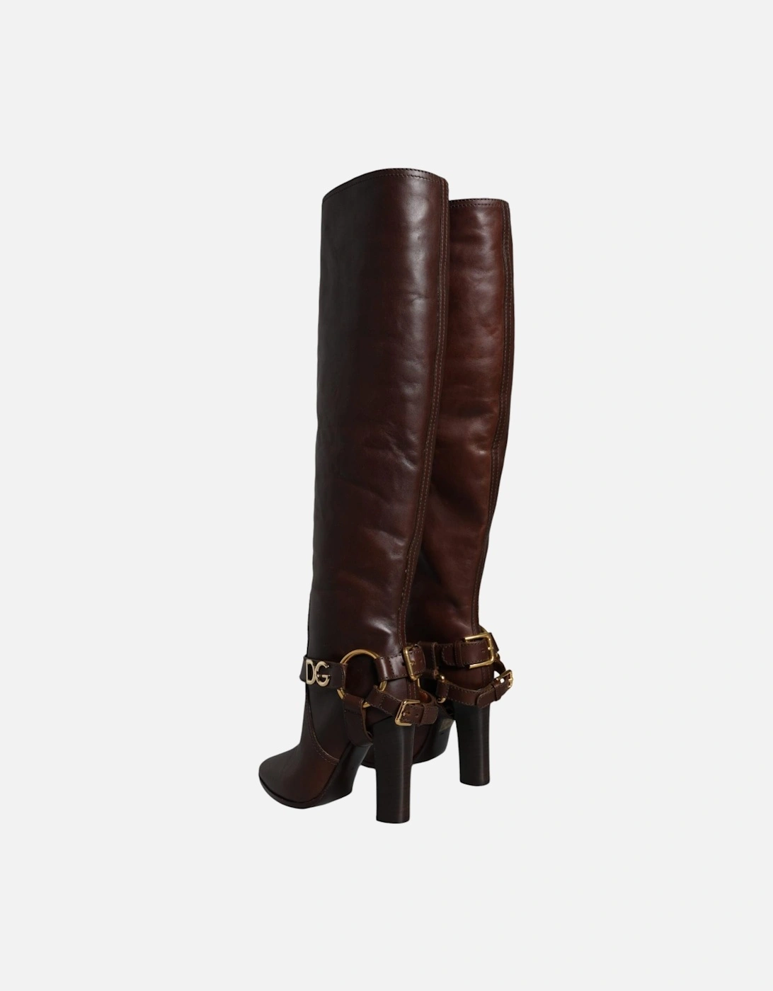 Gold-Tone Logo Strap Knee High Leather Boots Women - Brown