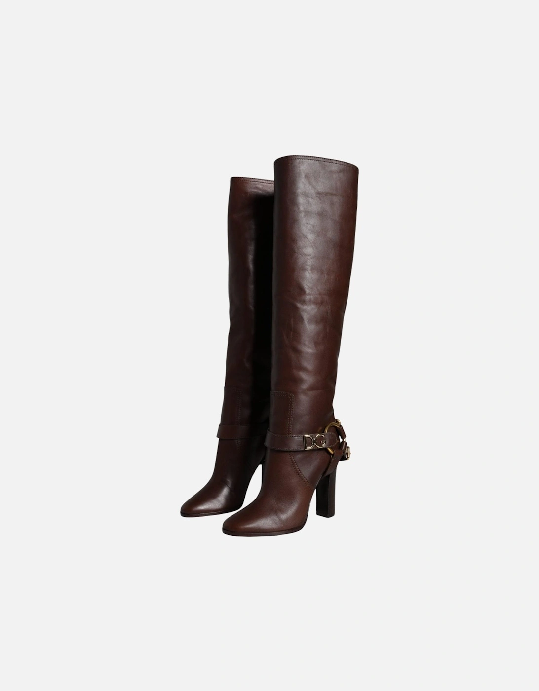 Gold-Tone Logo Strap Knee High Leather Boots Women - Brown, 6 of 5