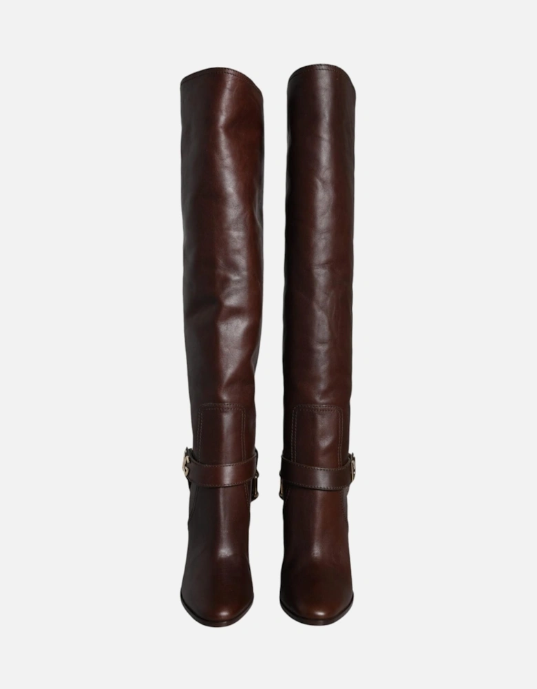 Gold-Tone Logo Strap Knee High Leather Boots Women - Brown