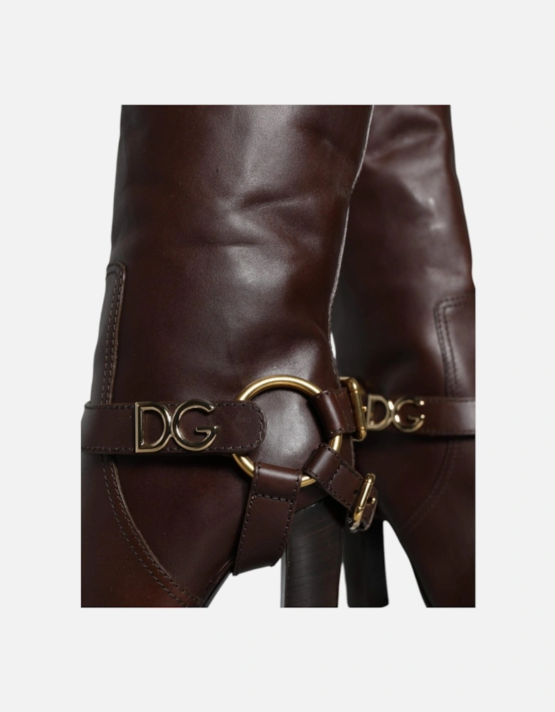 Gold-Tone Logo Strap Knee High Leather Boots Women - Brown