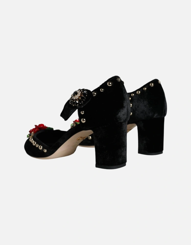 Black Velvet Roses Ankle Strap Pumps Shoes Women