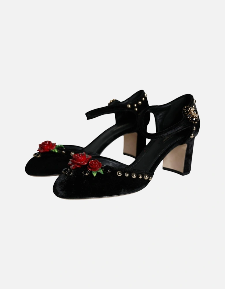 Black Velvet Roses Ankle Strap Pumps Shoes Women