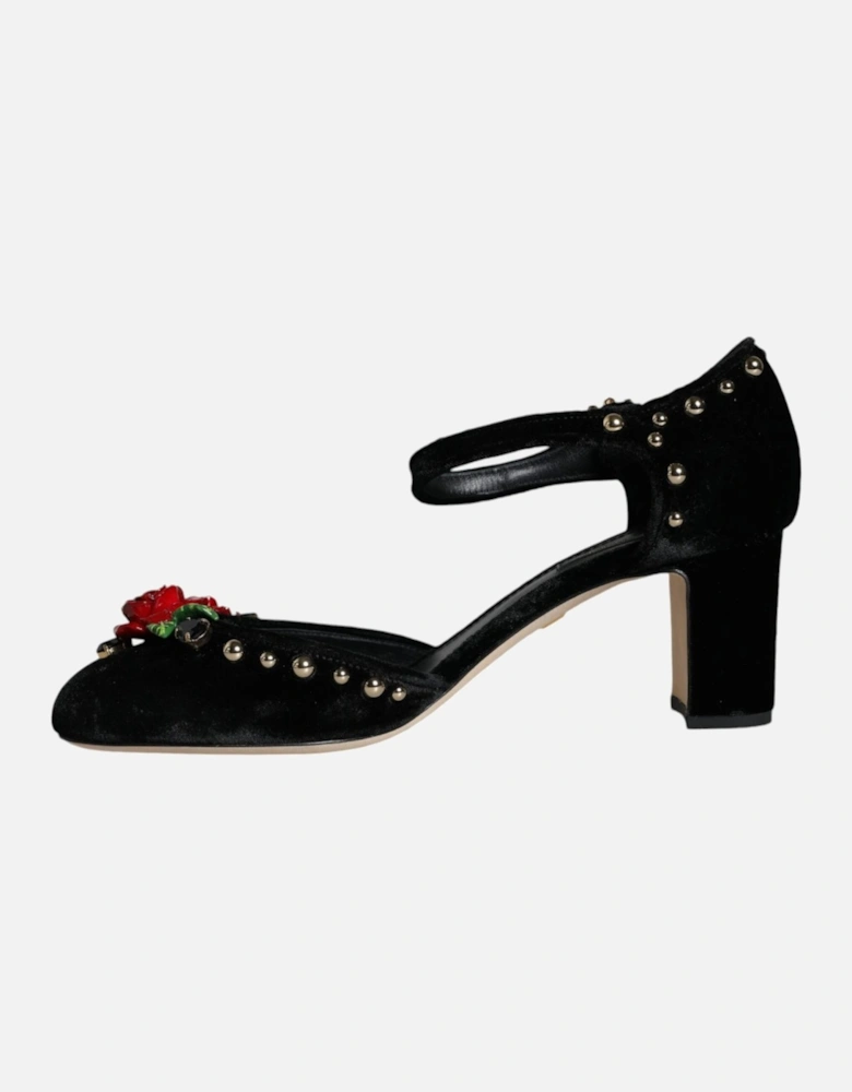 Black Velvet Roses Ankle Strap Pumps Shoes Women