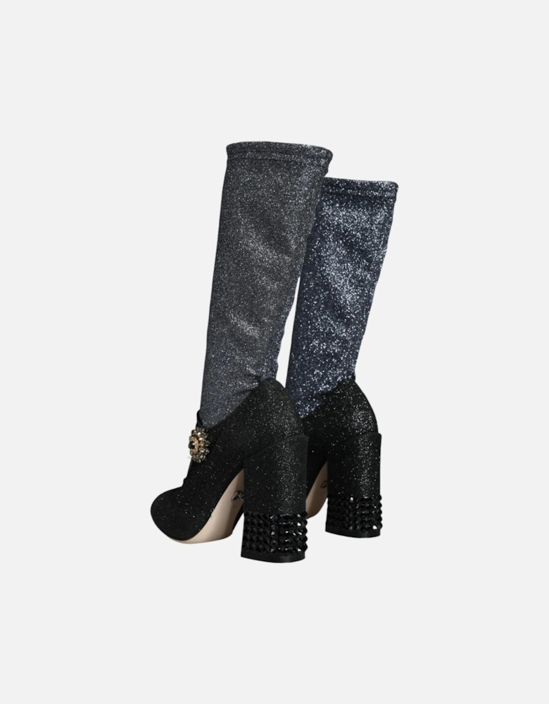Embellished Crystal Socks Mid Calf Boots Women - Black And Gray