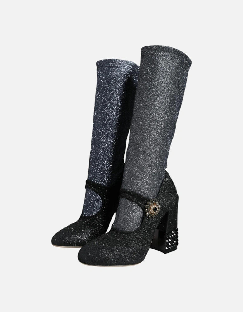 Embellished Crystal Socks Mid Calf Boots Women - Black And Gray