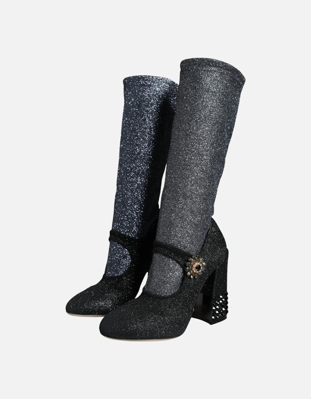 Embellished Crystal Socks Mid Calf Boots Women - Black And Gray