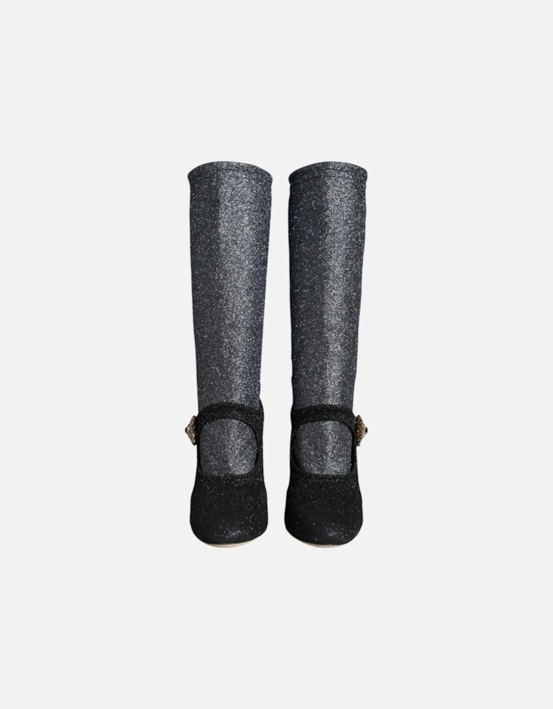 Embellished Crystal Socks Mid Calf Boots Women - Black And Gray
