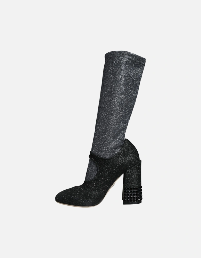 Embellished Crystal Socks Mid Calf Boots Women - Black And Gray