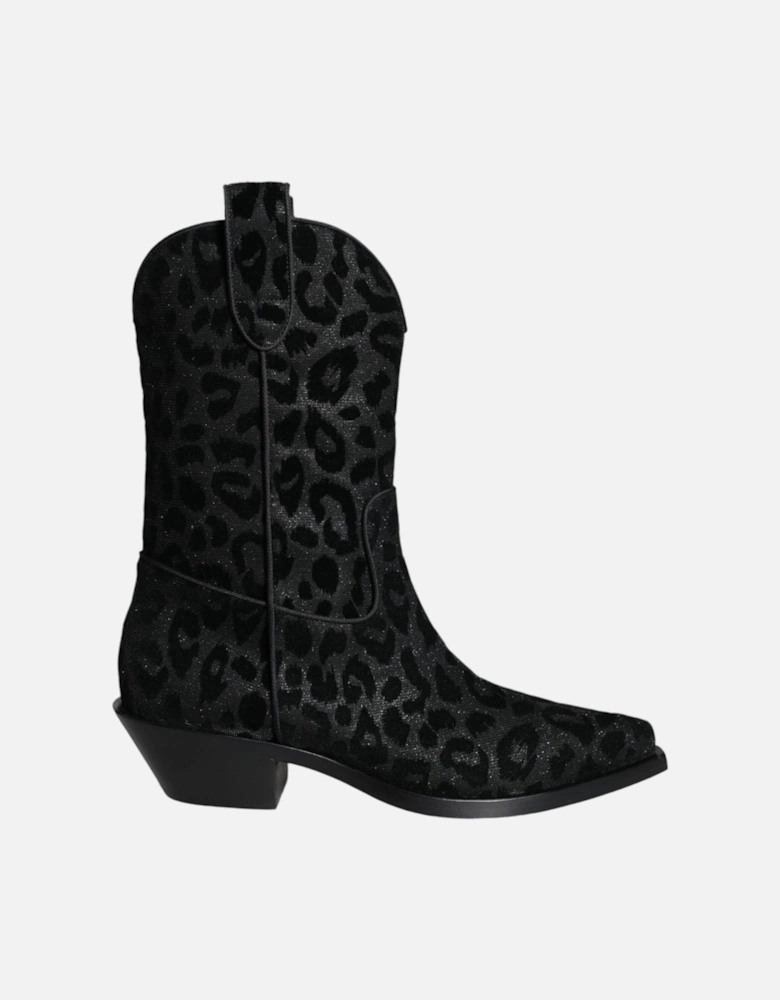Cowboy Mid Calf Leopard Print Boots Women - Black And Gray
