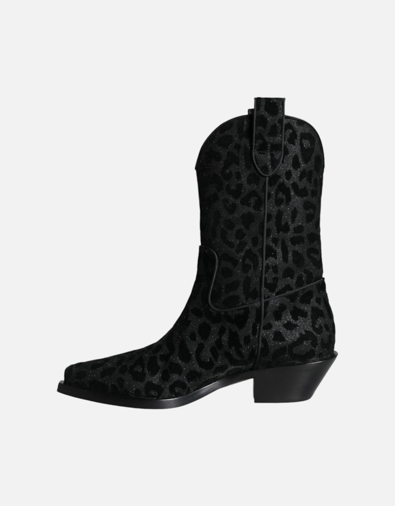 Cowboy Mid Calf Leopard Print Boots Women - Black And Gray