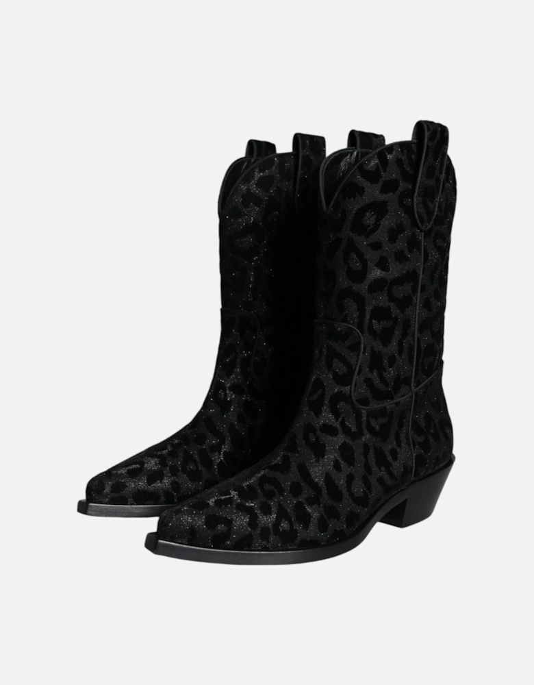 Cowboy Mid Calf Leopard Print Boots Women - Black And Gray