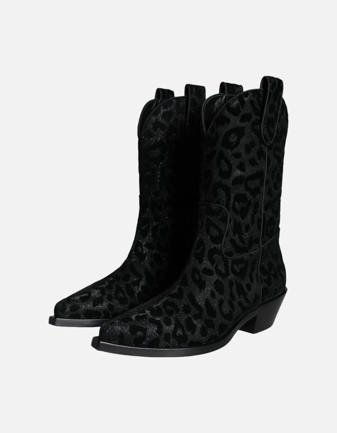 Cowboy Mid Calf Leopard Print Boots Women - Black And Gray