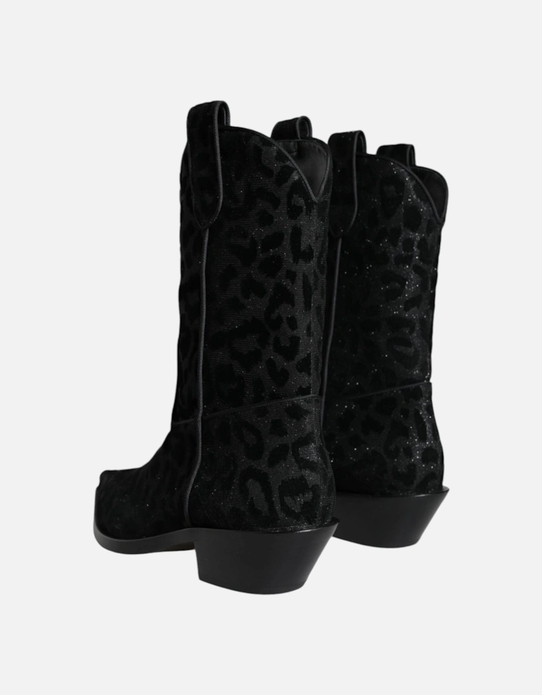 Cowboy Mid Calf Leopard Print Boots Women - Black And Gray