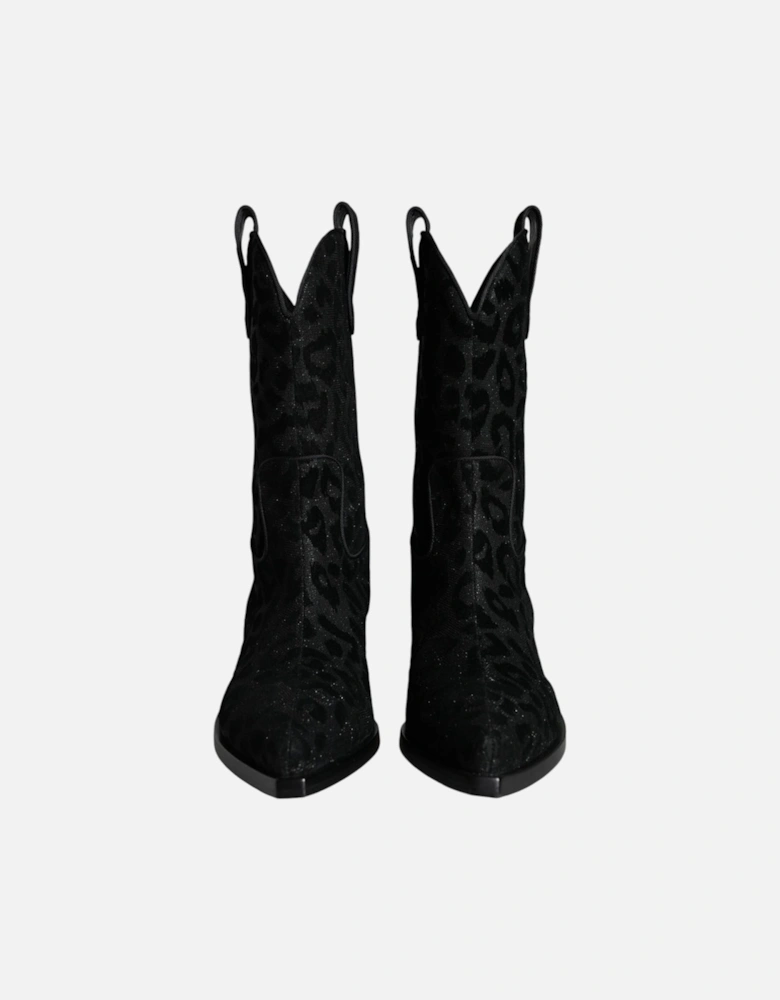 Cowboy Mid Calf Leopard Print Boots Women - Black And Gray