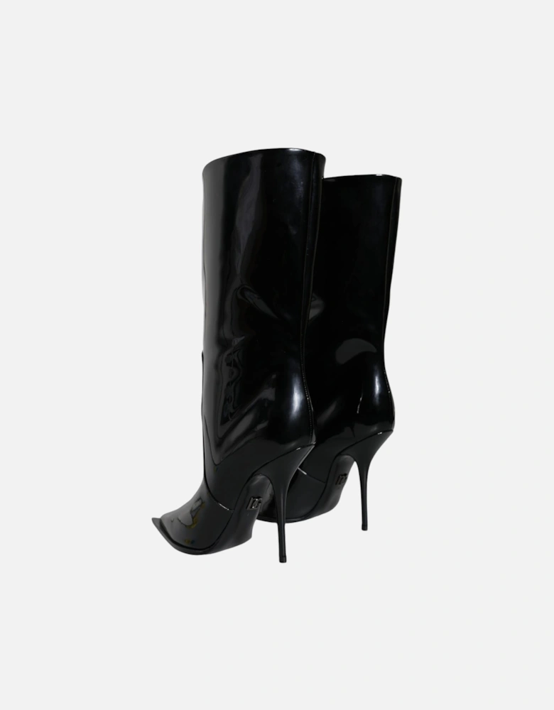Patent Leather Mid Calf Boots with Logo Details Women - Black