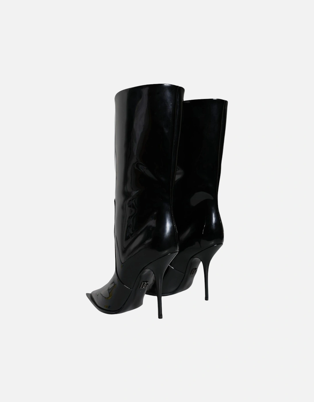 Patent Leather Mid Calf Boots with Logo Details Women - Black