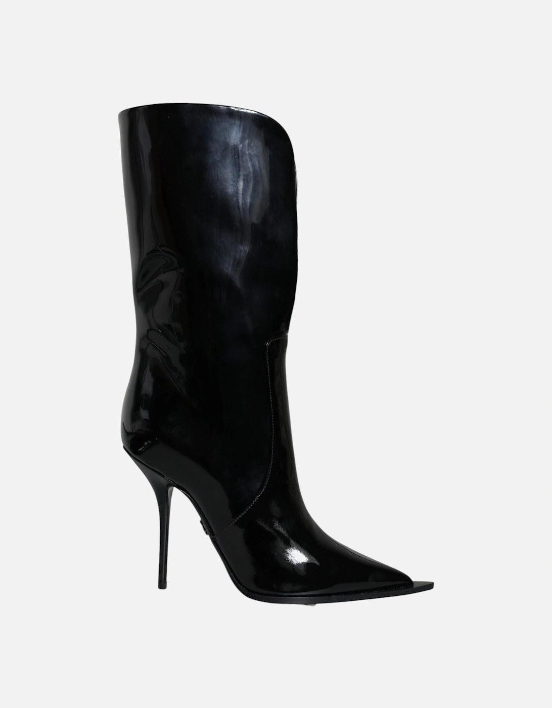 Patent Leather Mid Calf Boots with Logo Details Women - Black, 7 of 6