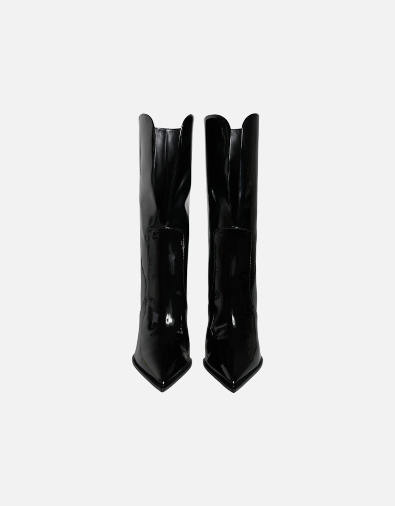 Patent Leather Mid Calf Boots with Logo Details Women - Black