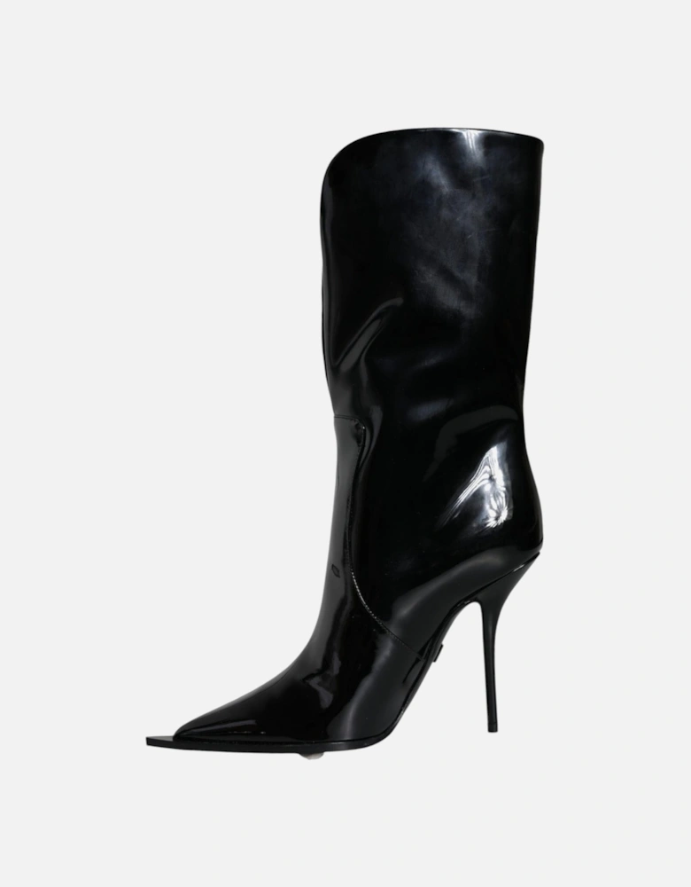 Patent Leather Mid Calf Boots with Logo Details Women - Black