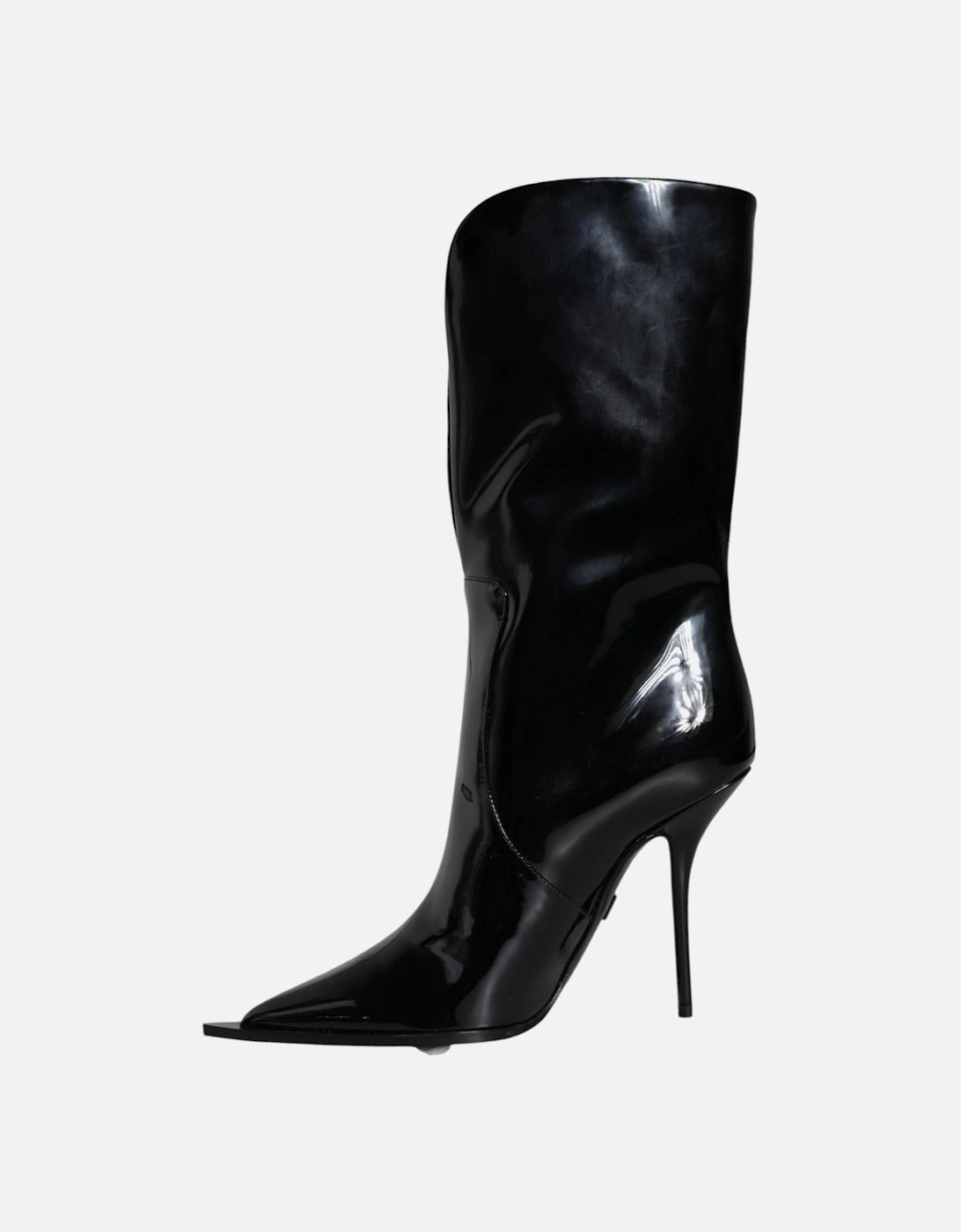 Patent Leather Mid Calf Boots with Logo Details Women - Black