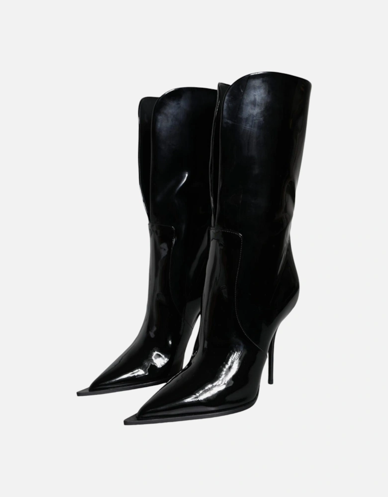 Patent Leather Mid Calf Boots with Logo Details Women - Black