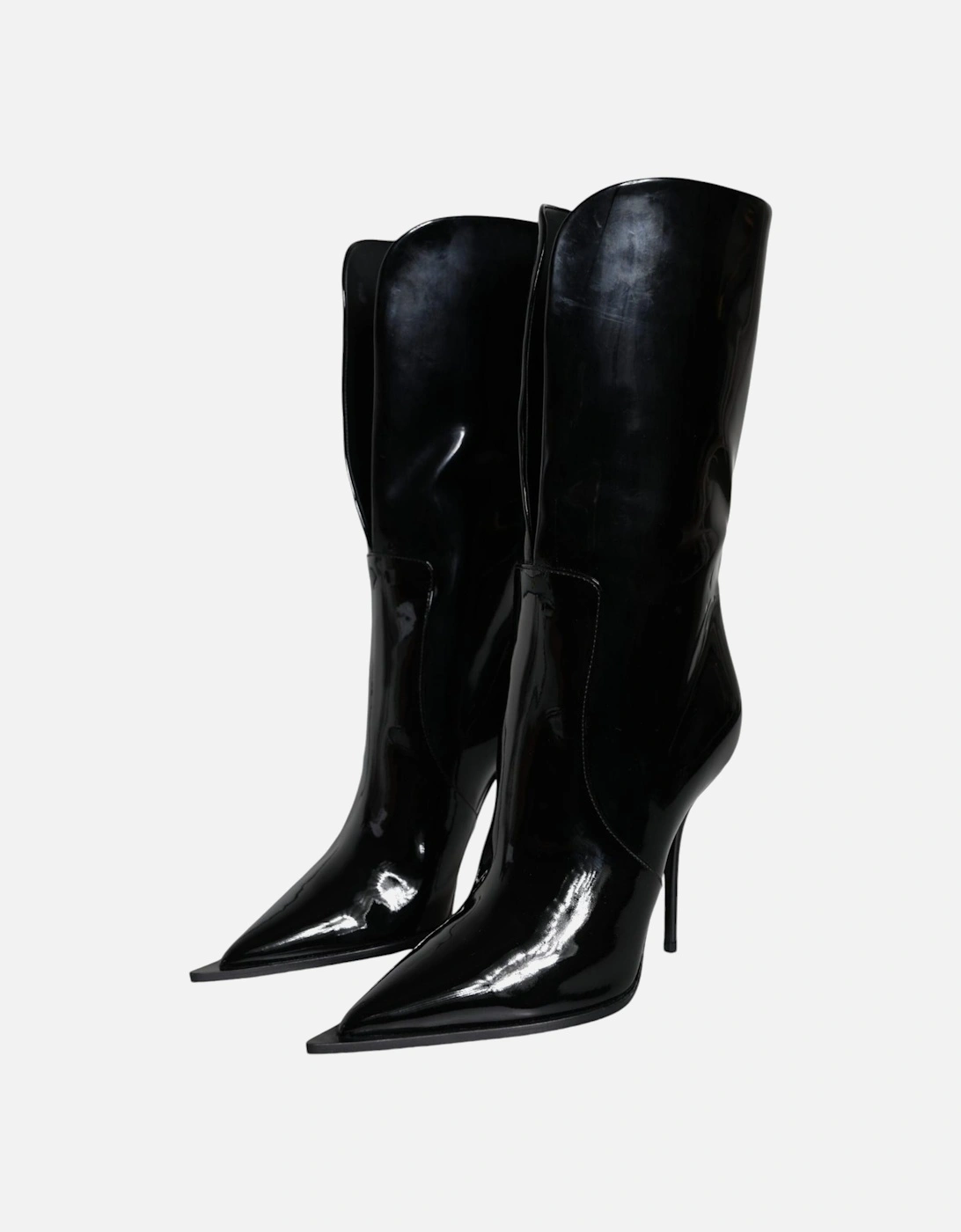 Patent Leather Mid Calf Boots with Logo Details Women - Black