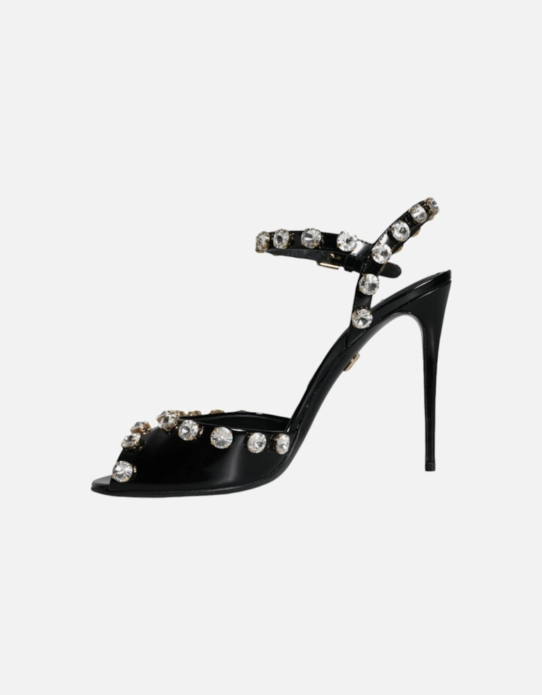 Black Leather Crystal Ankle Strap Sandals Shoes Women