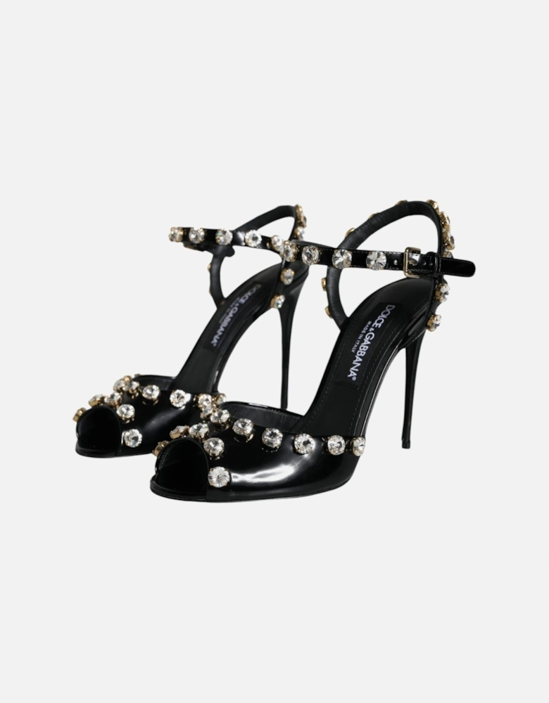 Black Leather Crystal Ankle Strap Sandals Shoes Women