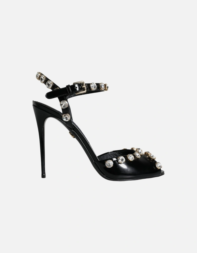 Black Leather Crystal Ankle Strap Sandals Shoes Women