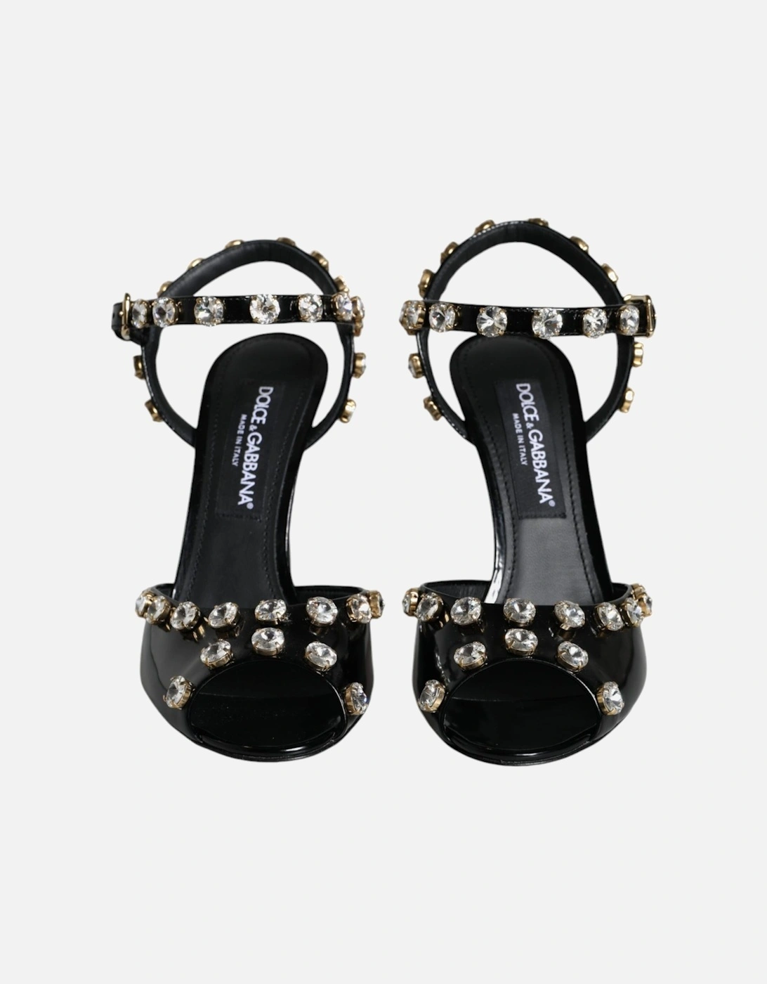 Black Leather Crystal Ankle Strap Sandals Shoes Women