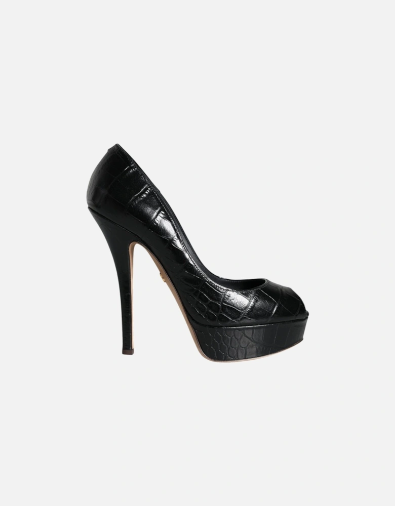 Black Leather Platform Heels Pumps Shoes Women