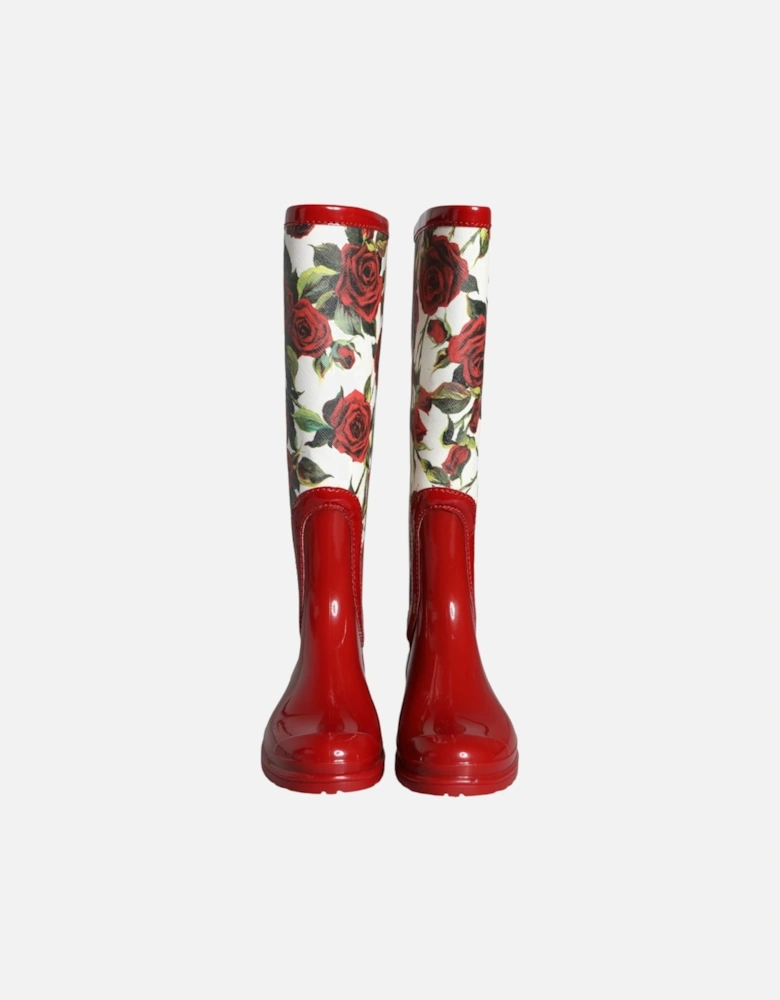 Floral Rubber Knee High Flat Boots Women - Red