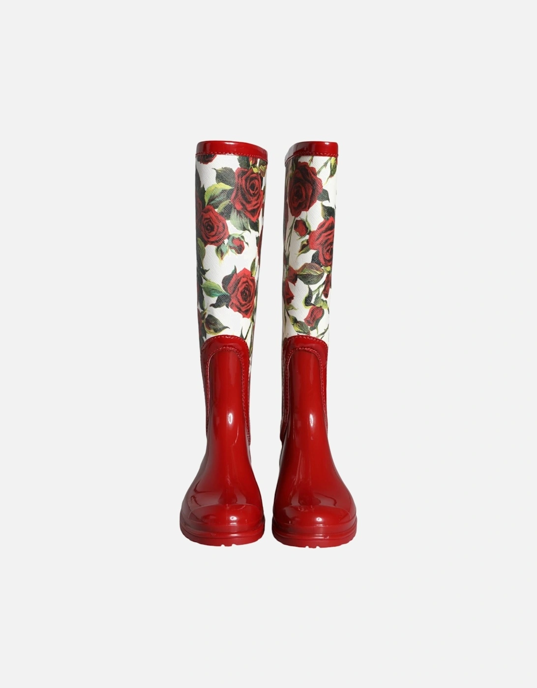 Floral Rubber Knee High Flat Boots Women - Red