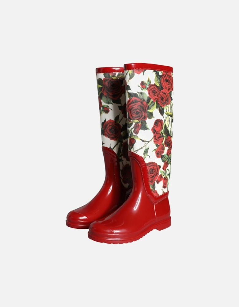 Floral Rubber Knee High Flat Boots Women - Red