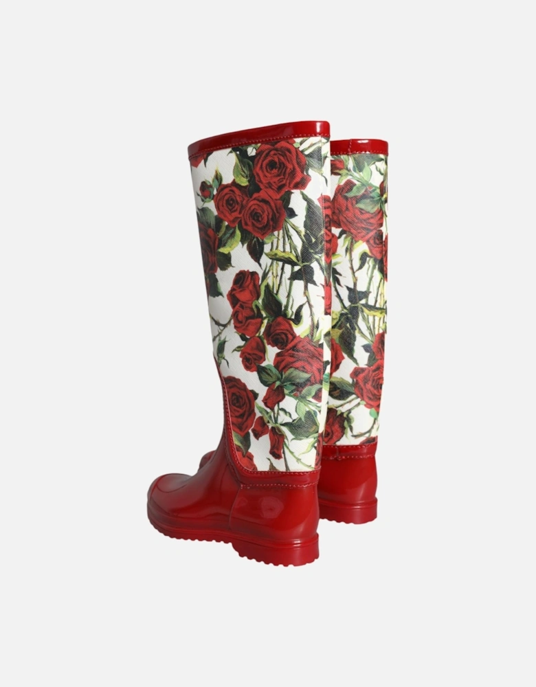 Floral Rubber Knee High Flat Boots Women - Red