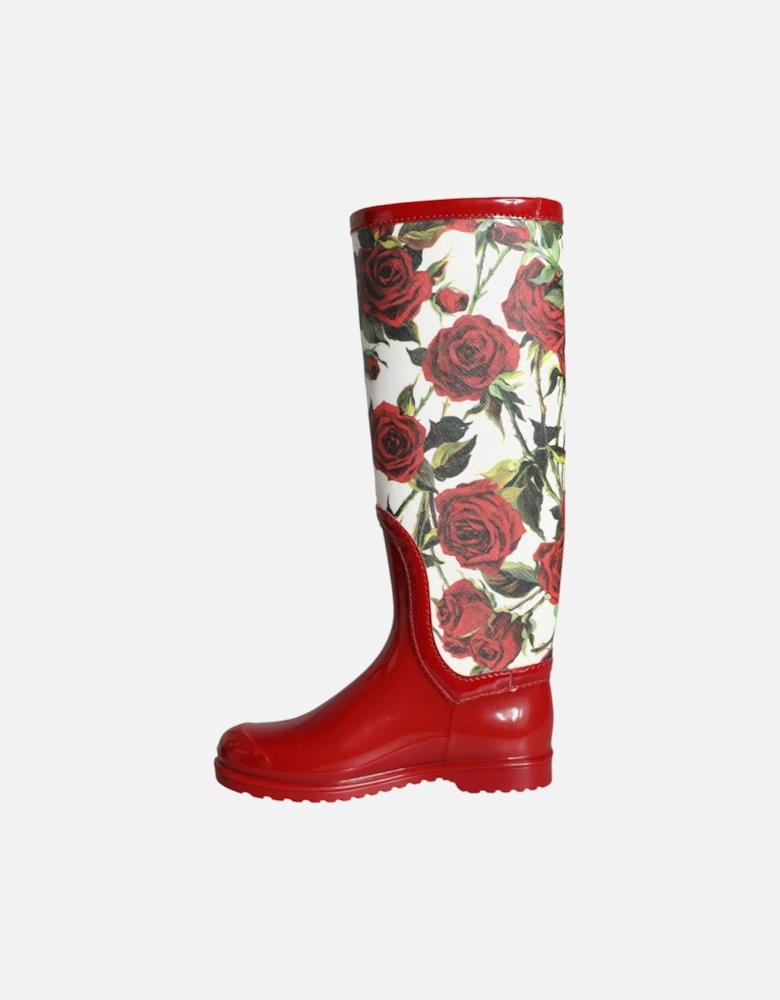 Floral Rubber Knee High Flat Boots Women - Red