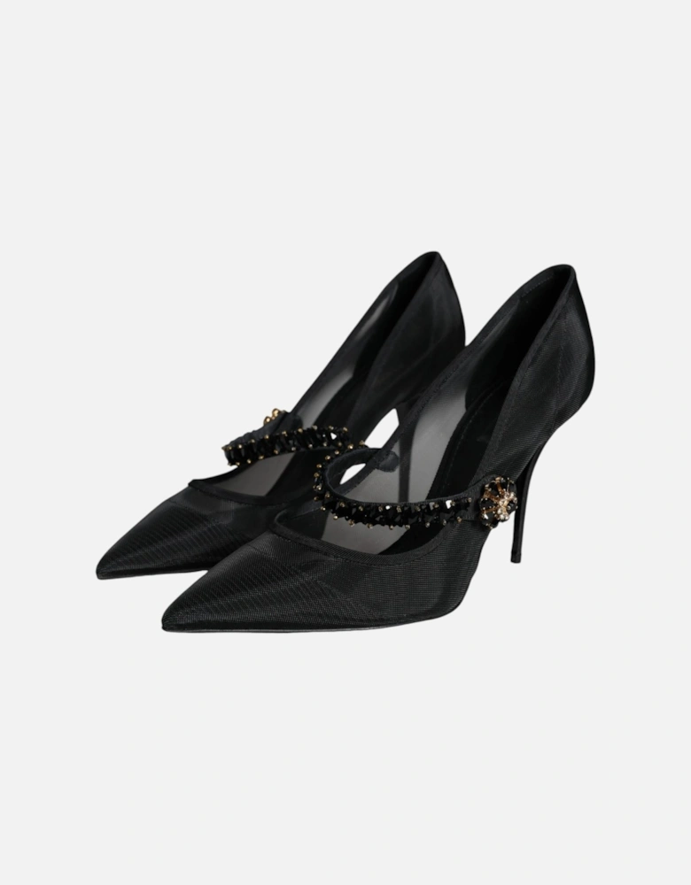 Black Mesh Mary Jane Crystal Heel Pumps Shoes Women