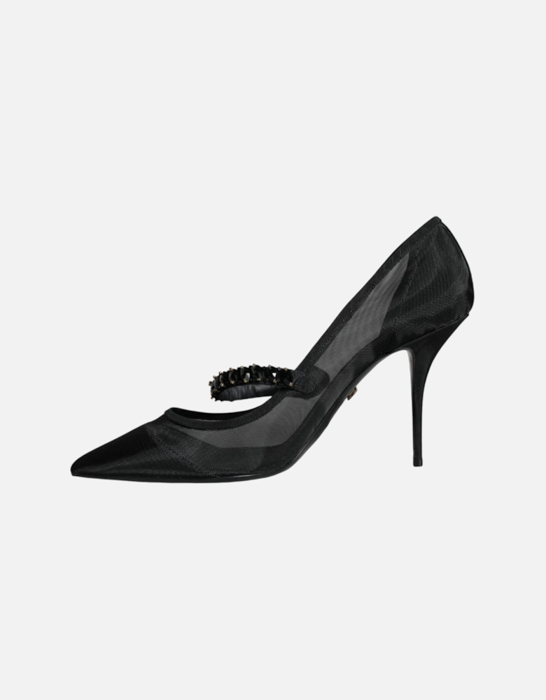 Black Mesh Mary Jane Crystal Heel Pumps Shoes Women