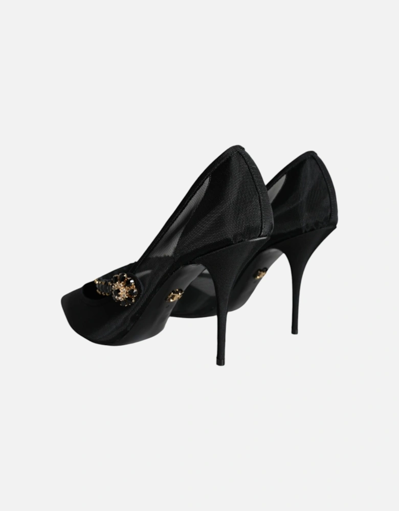 Black Mesh Mary Jane Crystal Heel Pumps Shoes Women