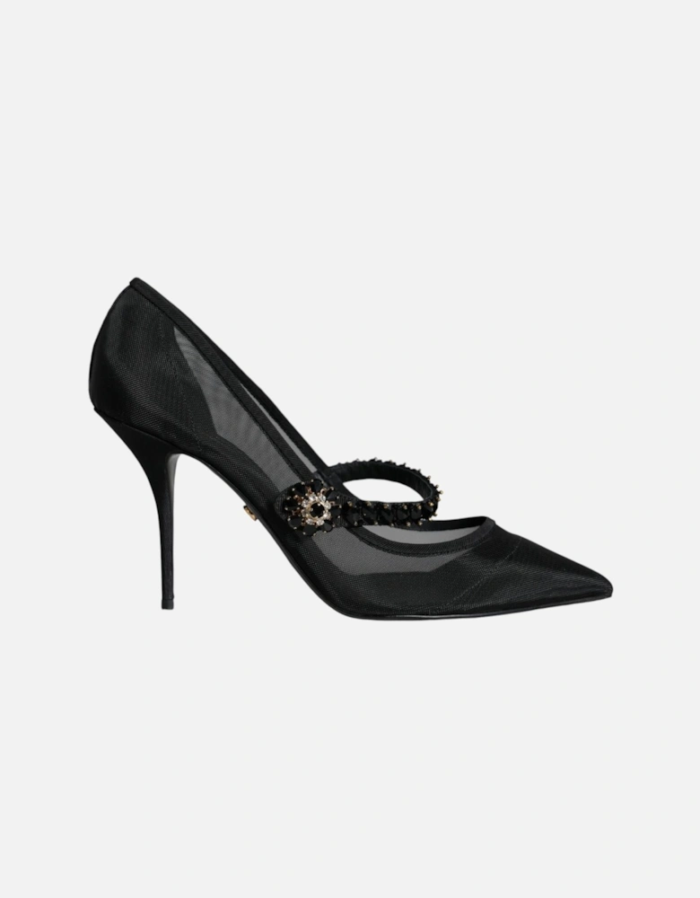 Black Mesh Mary Jane Crystal Heel Pumps Shoes Women