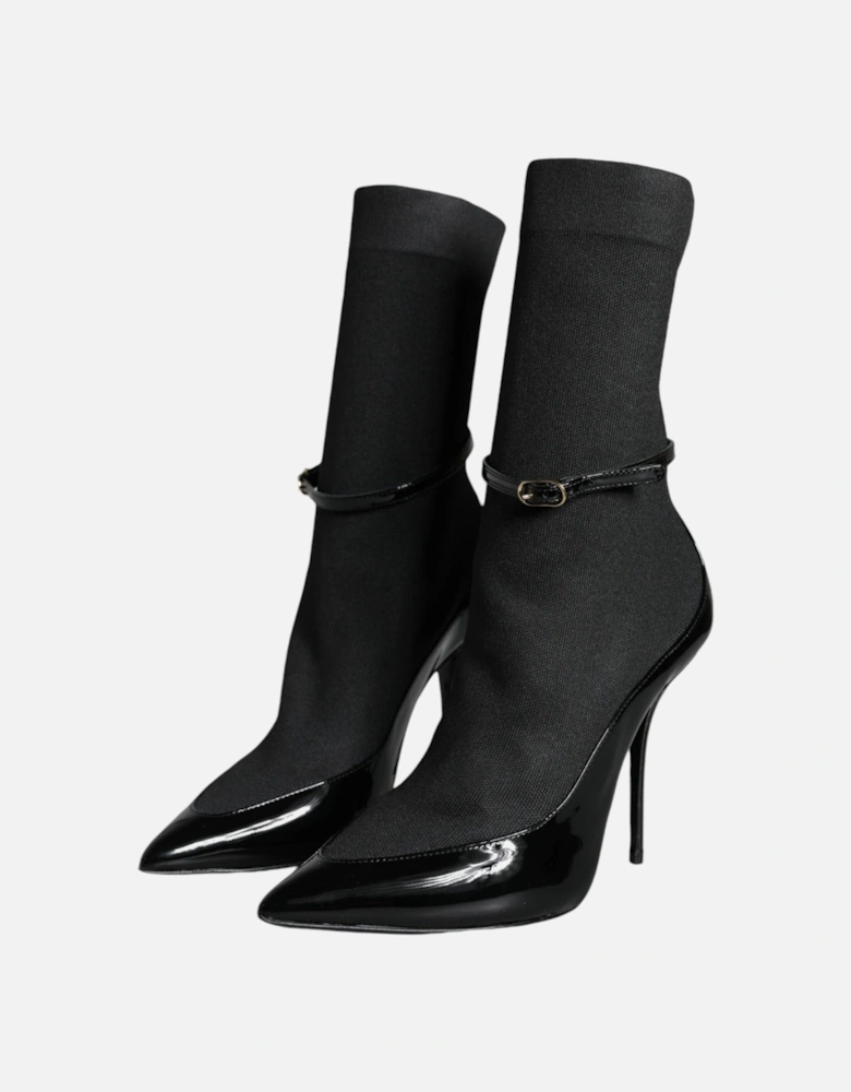 Patent Leather Socks Ankle Boots with Buckle Closure Women - Black