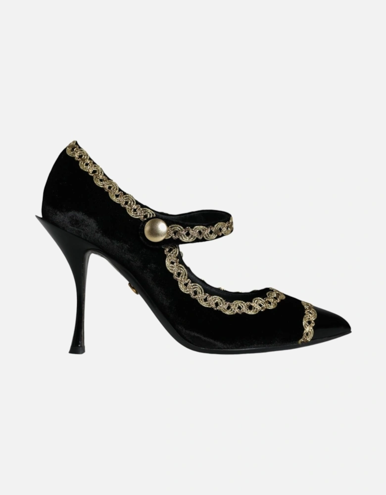 Black Mary Janes Velvet Gold Pumps Shoes Women - Gold Black