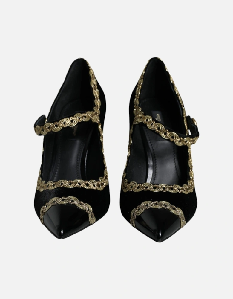 Black Mary Janes Velvet Gold Pumps Shoes Women - Gold Black