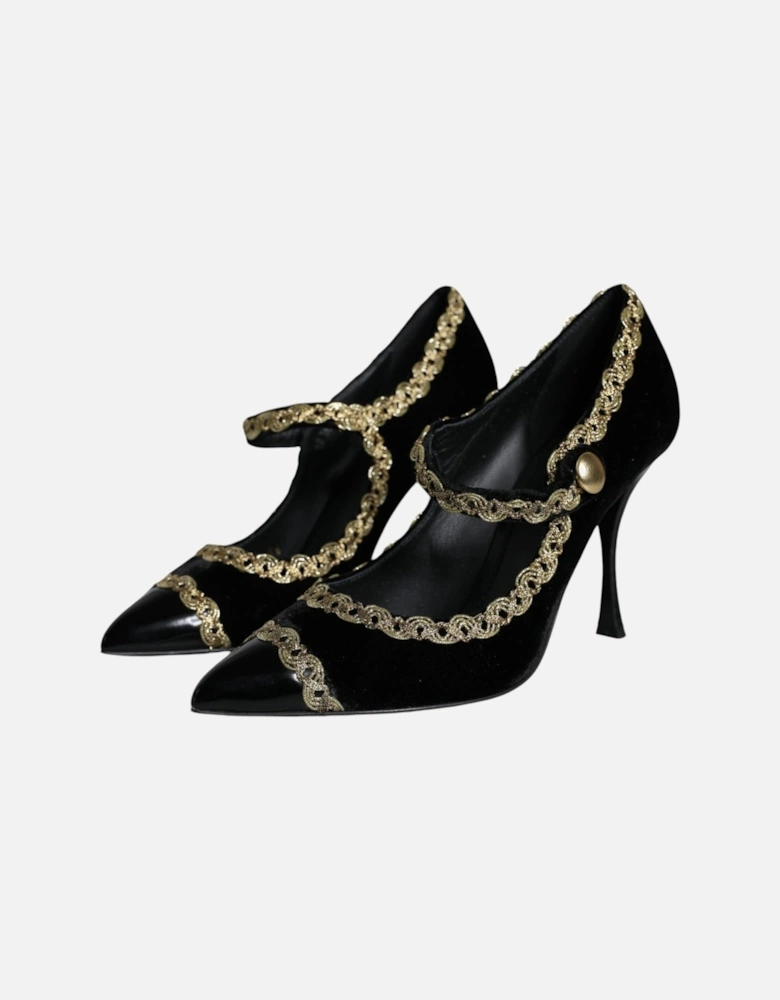 Black Mary Janes Velvet Gold Pumps Shoes Women - Gold Black