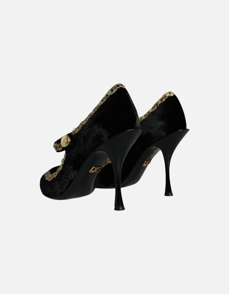 Black Mary Janes Velvet Gold Pumps Shoes Women - Gold Black